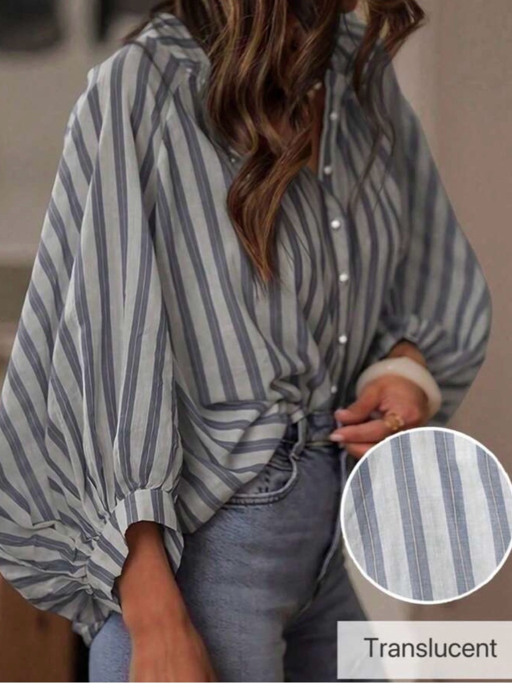 SHEIN Gray and White Striped Translucent Button-Down Blouse